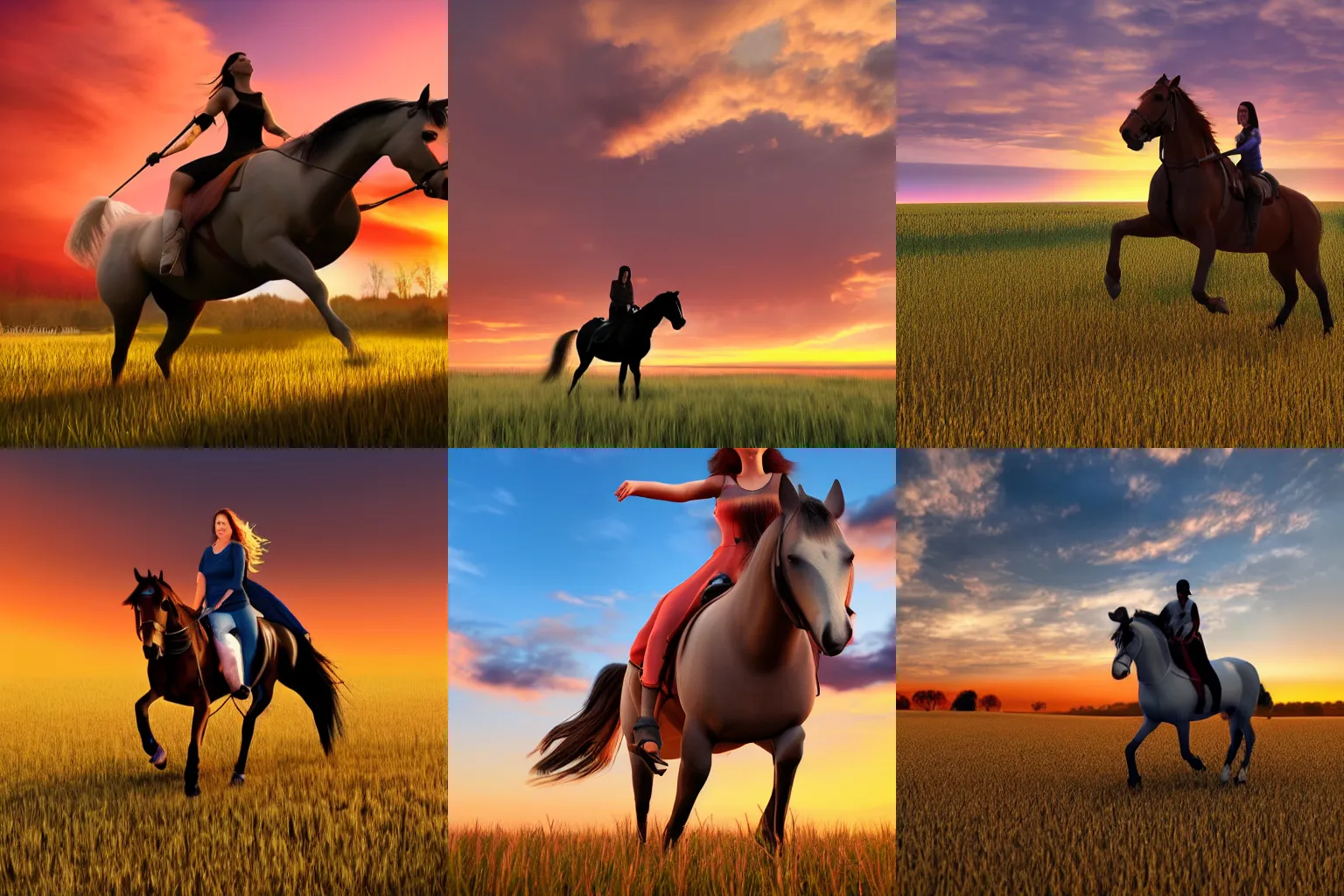 Prompt: heroine riding a horse in a field, sunset, striking, realistic, 3D render