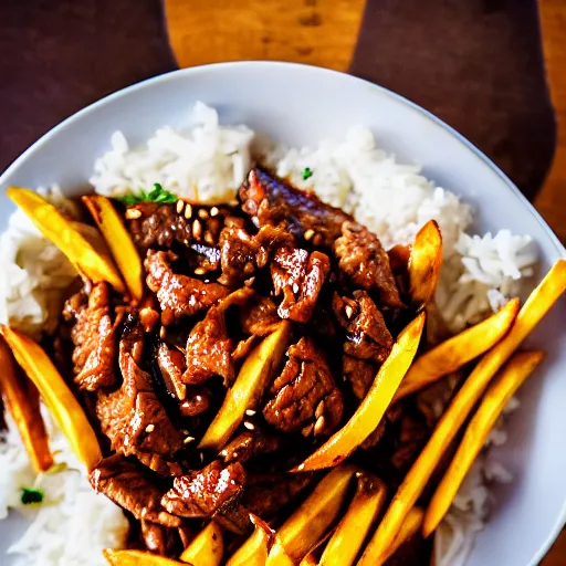 Image similar to dslr food photograph of stir fried beef in dark soy sauce, mixed with tomato wedges and french fries, served with white rice on the side, 8 5 mm f 1. 8