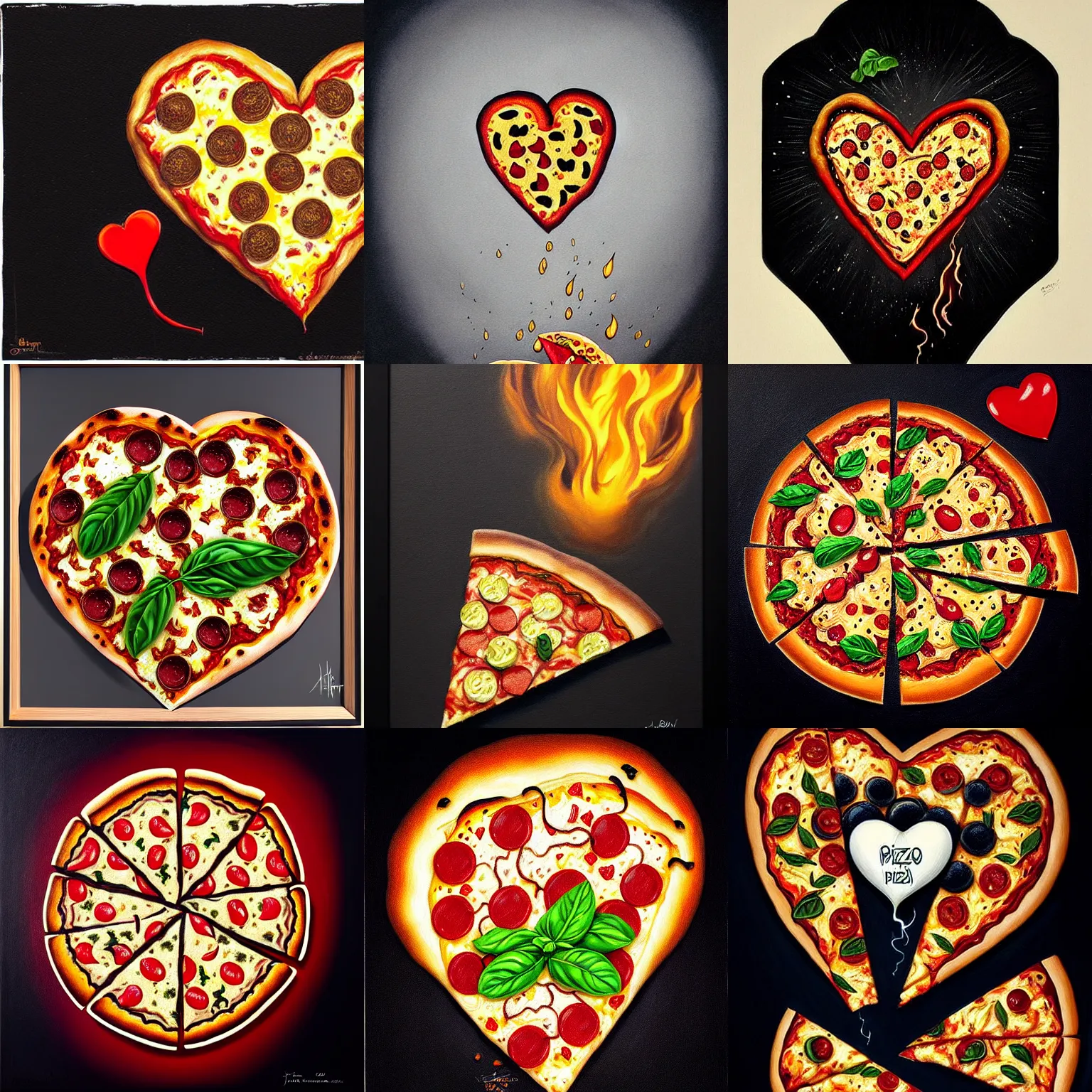 Prompt: a hyper realistic painting of a burning! pizza! in the shape of a heart, on black background, basil flying, tightly framed, dramatic lighting, detailed painting by joe fenton, trending on deviantart, masterpiece