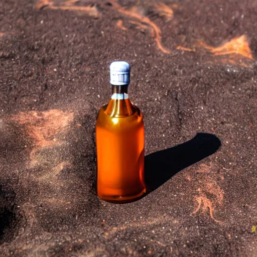 Image similar to symmetrical photo of small bottle standing in front volcano, products shot
