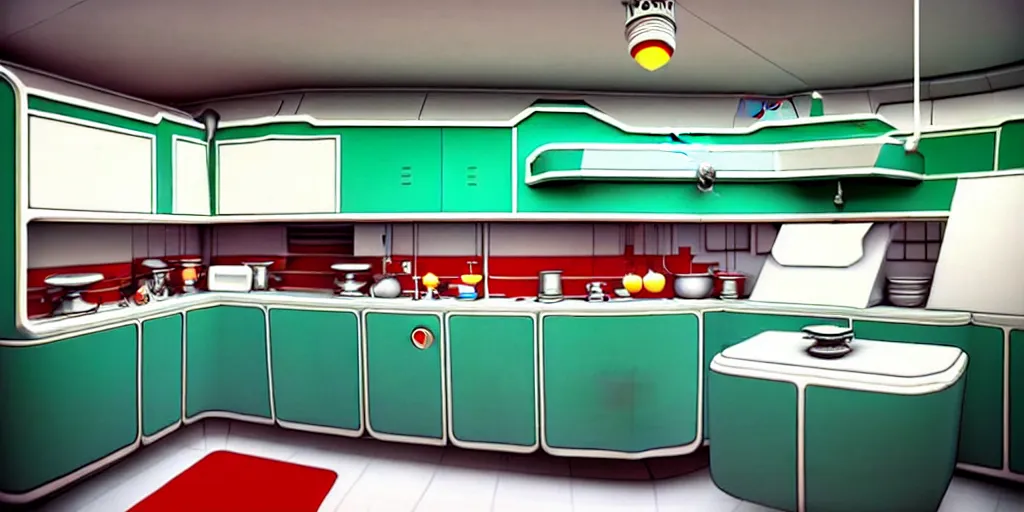 Image similar to soviet retro - futuristic kitchen, space station