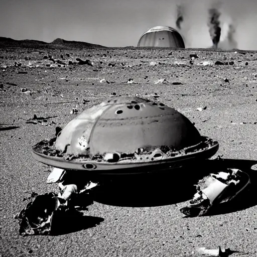 Prompt: crashed shattered burning UFO broken flying saucer in pieces strewn across a rocky desert, with a sad Roswell grey alien trying to repair his destroyed shattered spacecraft in the desert, crashed smoking UFO on fire, crashed bent and broken Flying Saucer in flames, dusk, Nikon photo