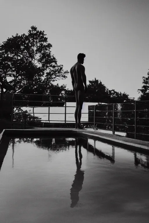 Image similar to gavin casalegno standing on the diving board, 3 5 mm, highly detailed, cinematic lighting