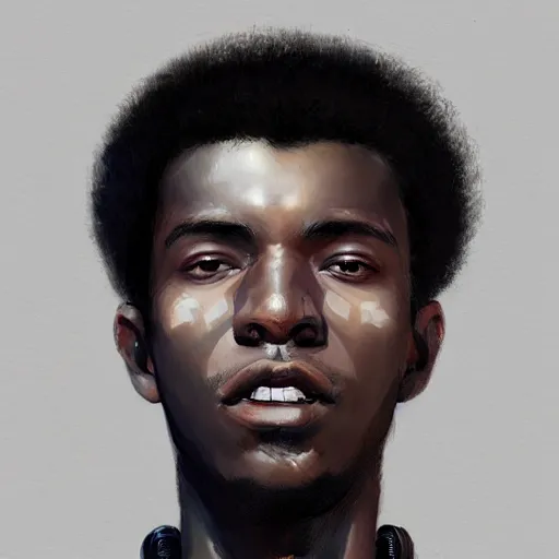 Image similar to portrait of a man by greg rutkowski, he is about 2 0 years old, afrojapanese, afro hair, young, very tall and slender, he is wearing a futuristic police gear, highly detailed portrait, digital painting, artstation, concept art, smooth, sharp foccus ilustration, artstation hq