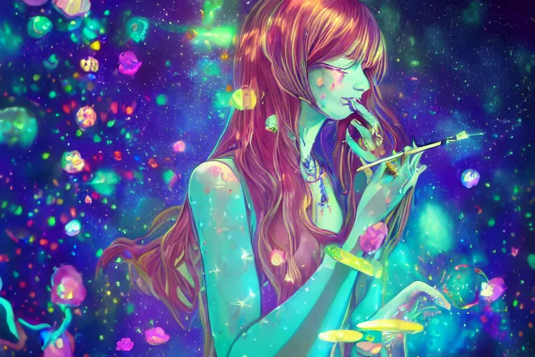 Prompt: psychedelic, whimsical, anime, 4k, beautiful lusty woman smoking weed, with professional makeup, long trippy hair, a crystal and flower dress, sitting on a reflective pool, surrounded by gems, underneath the stars, rainbow fireflies, trending on patreon, deviantart, twitter, artstation, volumetric lighting, heavy contrast, art style of Greg Rutkowski and Miho Hirano