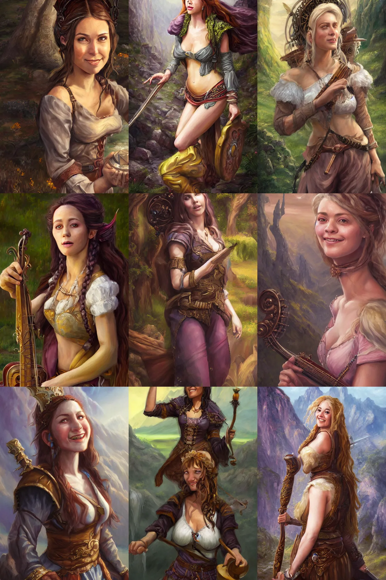 Image similar to a full body high detail fantasy portrait oil painting illustration of a single beautiful smiling bard woman by justin sweet with face and body clearly visible, in a scenic background, pretty eyes, realistic proportions, d & d, rpg, forgotten realms, artstation trending, high quality, sombre mood, artstation trending, muted colours, entire person visible!