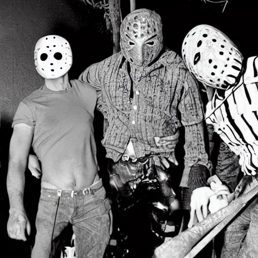 Image similar to Freddy Kruger and Jason voorhees together having fun at a carnival, campy photo