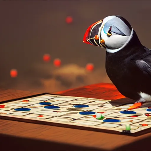 Image similar to puffin playing board game, cinematic, cinematic lighting, trending on Artstation, Cgsociety, detailed, 4k, very realistic