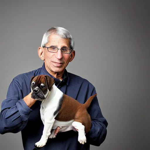 Prompt: 50mm photo, Anthony Fauci holding a boxer puppy