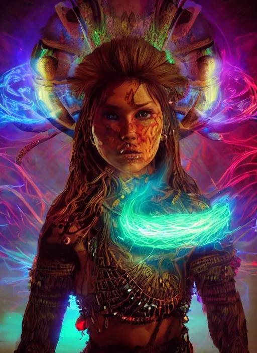 Prompt: An epic fantasy comic book style portrait painting of a wild shaman tripping on Ayahuasca, Shipibo patterns made of lasers, fisheye lens, unreal 5, DAZ, hyperrealistic, octane render, cosplay, RPG portrait, dynamic lighting