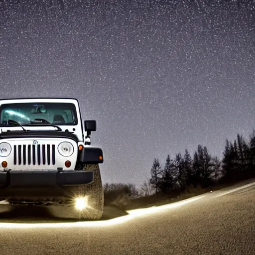 Image similar to photo of a 1997 hardtop white Jeep Wrangler, underground garage, starry lights, bouncing reflections, oil slick