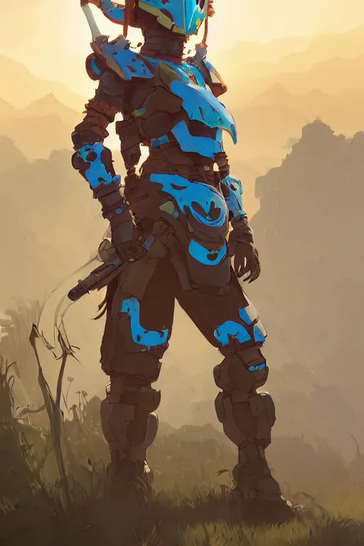 Image similar to combination suit armor aloy horizon forbidden west horizon zero dawn robot ninja mask helmet backpack tribal, art gta 5 comics, official fanart behance hd artstation by jesper ejsing, by rhads, makoto shinkai and lois van baarle, ilya kuvshinov, ossdraws radiating a glowing aura cgi rtx 2 0 2 2