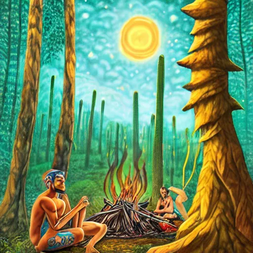 Image similar to richly detailed colored pencil 3 d illustration spartan tea at campfire with trichocereus jungle background smoke haze full moon ayahuasca peyote art by rossdraws 8 k