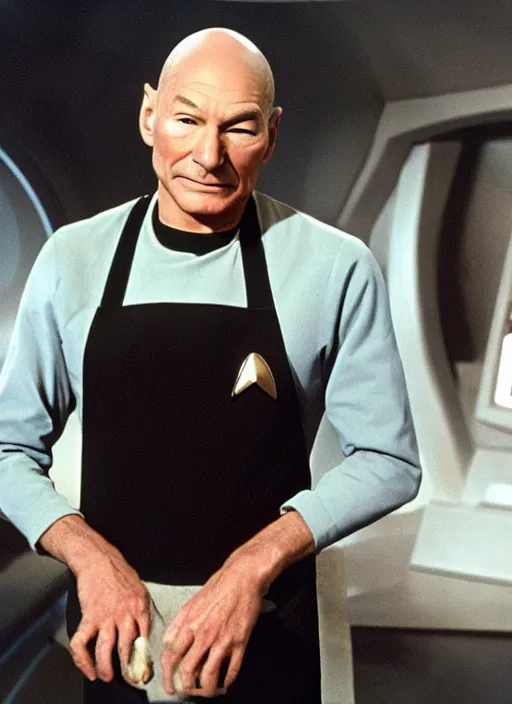 Image similar to patrick stewart on the set of star trek wearing an apron, photorealistic