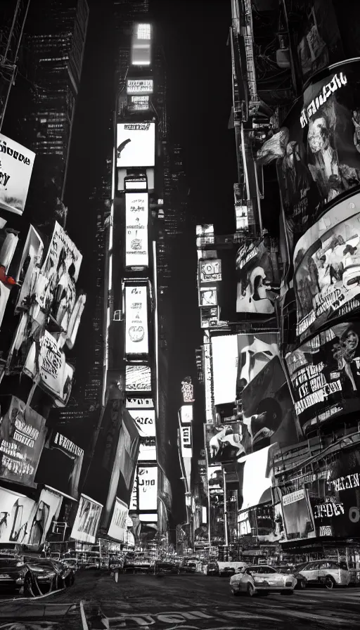 Image similar to 8k high resolution photograph of cyber punk New York Times Square on a foggy night, futuristic, wires hanging