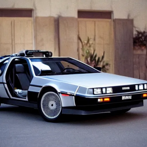 Prompt: a delorean with tiger stripe viynl rap,