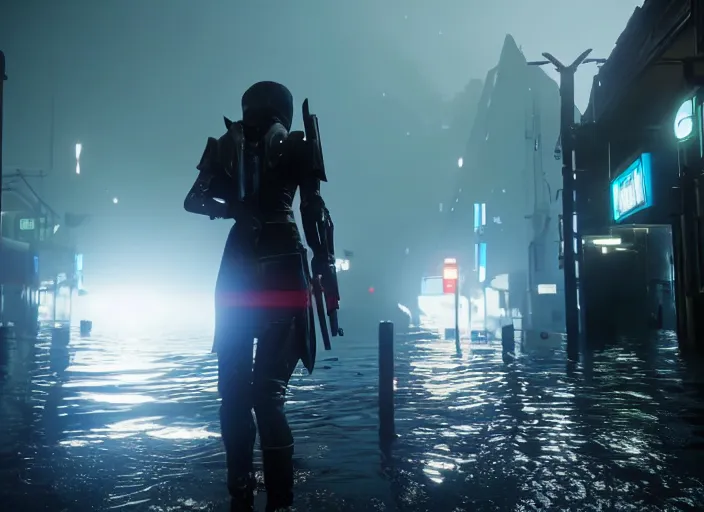 Image similar to 4k 60fps in-game destiny 2 gameplay showcase dark, misty, foggy, flooded rainy tokyo japan street in Destiny 2, liminal creepy, dark, dystopian, abandoned, highly detailed