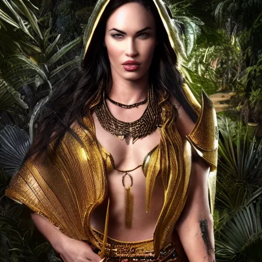 Prompt: full body photo of megan fox as a beautiful amazon warrior goddess wearing a flowing cape and golden chain mail armor, ornate jewelry, in the jungle, studio lighting, octane render, fashion photo by Arney freytag