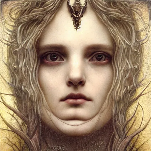 Image similar to detailed realistic beautiful young medieval queen face portrait by jean delville, tom bagshaw, brooke shaden, gustave dore and marco mazzoni, art nouveau, symbolist, visionary, gothic, pre - raphaelite, ornate gilded medieval icon, surreality