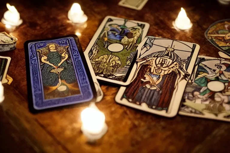 Image similar to Closeup of tarot cards on a table, victorian magic seance with ghosts in an ornate dimly lit room at night, octane