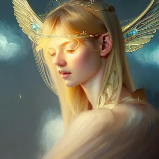 Image similar to Portrait of a girl angel with blonde hair, cat ears, glowing halo, wings, fantasy, intricate, elegant, highly detailed, digital painting, artstation, concept art, smooth, sharp focus, illustration, art by Krenz Cushart and Artem Demura and alphonse mucha