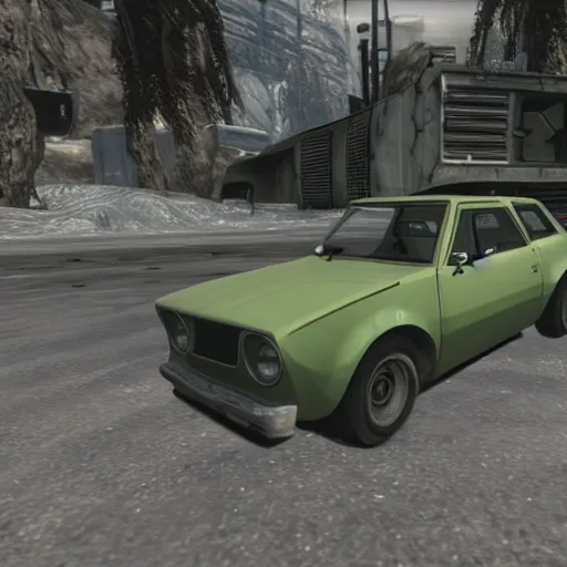 Prompt: A screenshot of an AMC Gremlin (1970) in Halo: Combat Evolved.