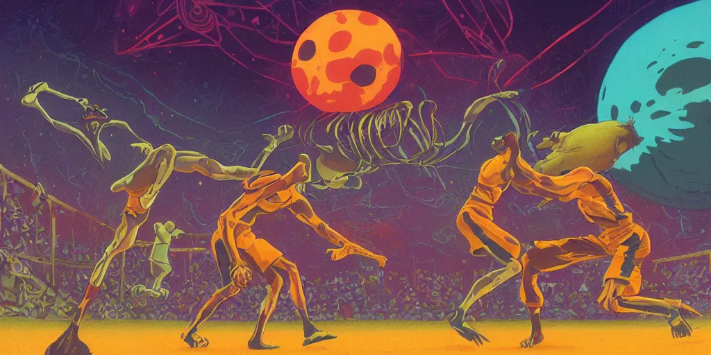 Prompt: digital illustration of an extraterrestrial creature doing mixed martial arts and basketball, by paul lehr and chris moore and michael whelan, highly detailed, intricate, studio ghibli color scheme