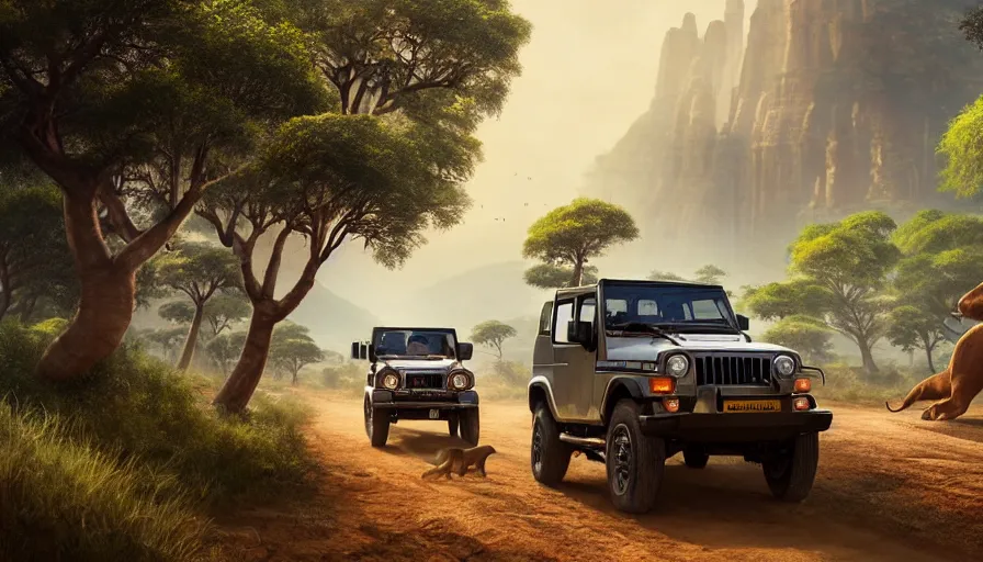 Prompt: mahindra thar driving through madagascar road with baobabs trees, animals running along, tribe members attacking, action scene, an epic fantasy, wide shot, artgerm, trending on artstation, masterpiece, by greg rutkowski, by ross tran, by fenghua zhong, octane, soft render, ultrarealistic, colorful, cinematic, midsommar