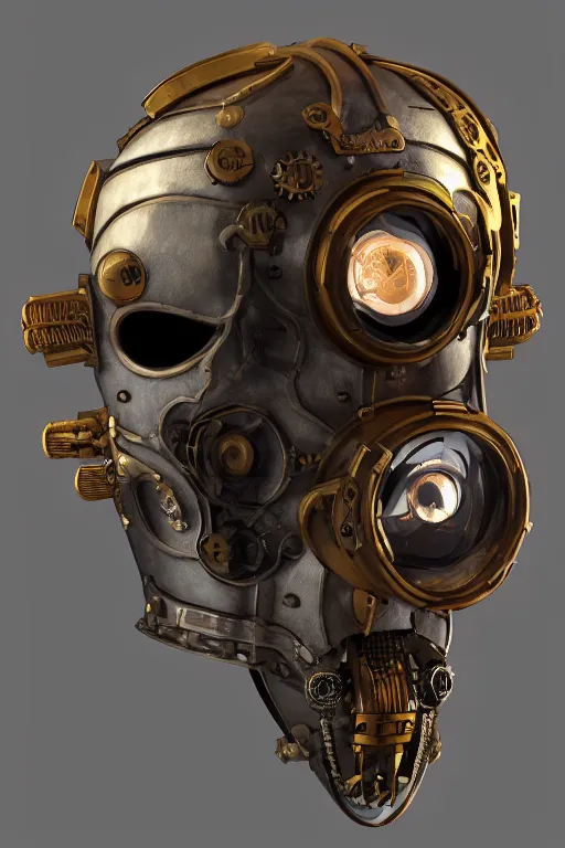 Image similar to steampunk mask minimalist fantasy art robot ninja helmet, global illumination ray tracing hdr fanart arstation by sung choi and eric pfeiffer and gabriel garza and casper konefal chaykin howard and campionpascale and cooke darwyn and davis jack