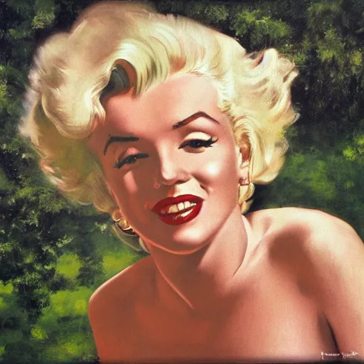 Prompt: Marilyn Monroe on a bench at the park, head and shoulders portrait, extremely detailed masterpiece, Roger Deakin’s cinematography, oil on canvas, Norman Rockwell.