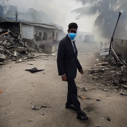 Prompt: photo of a man in a suit wearing a latex mask of a shoebill stork, at a favela, walking away from explosion, dramatic lighting