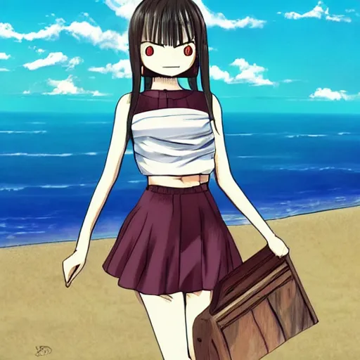 Image similar to beautiful anime manga girl wearing croptop and skirt happy face. she is at the beach. trending on artsystion. drawn by eiichiro oda. in the style of david firth's salad fingers.