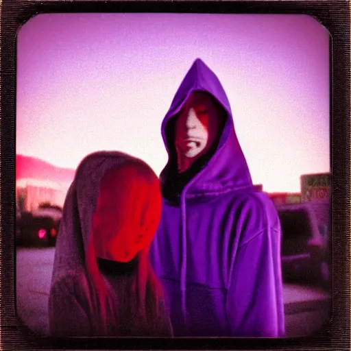 Prompt: selfie with a creepy hooded figure in the busy street of Night Vale, sunset, violet tones, polaroid photo, by Warhol,