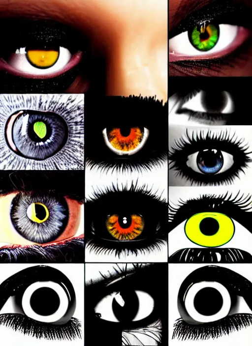 Prompt: grid montage of cube shaped eyes, square shaped black dilated pupils, cube shaped irises, detailed colored textures, eyelashes, advanced art, art styles mix, from wikipedia, wet reflections in square eyes, sunshine light, hd macro photograph, from side, various eyelid positions, square black pupil centered