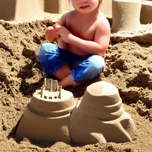 Prompt: little demon building a sandcastle, family picture