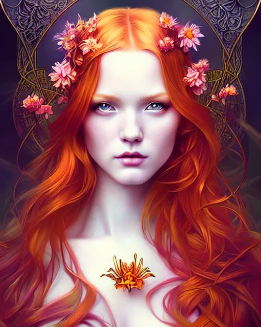 Image similar to Beautiful, evil and playful ethereal ginger portrait, art nouveau, fantasy, intricate flower designs, elegant, highly detailed, sharp focus, art by Artgerm and Alex Ross and WLOP