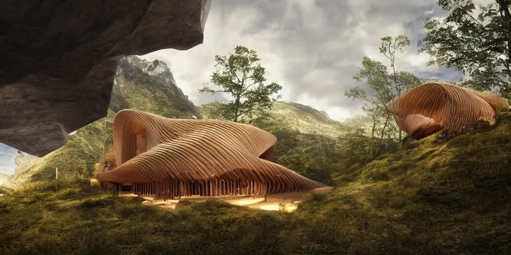 Image similar to wooden weaved cabin on a cliff designed by zaha hadid, cinematic lighting, deep focus, sharp focus, golden ratio, dramatic illumination, hdr, ultra realistic, 8 k, highly detailed, trending on artstation, epic composition, by caravaggio, by artemisia lomi gentileschi