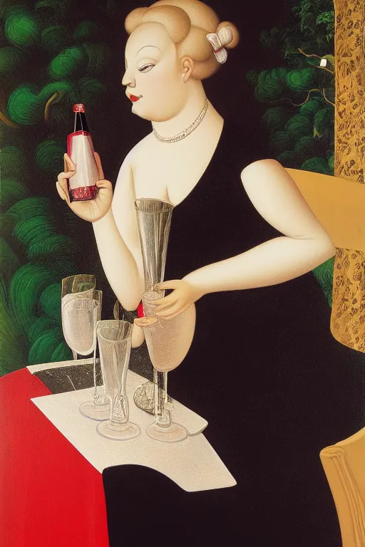 Image similar to portrait of a young woman with blonde hair, wearing an evening dress, drinking champagne, by botero