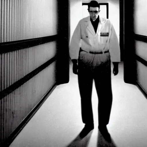 Image similar to a 1 9 5 0 s male scientist wearing a lab coat standing lost in the backrooms, mono - yellow old moist carpet room, empty liminal space, very dark shadows, broken fluorescent lighting, horror movie scene, film grain