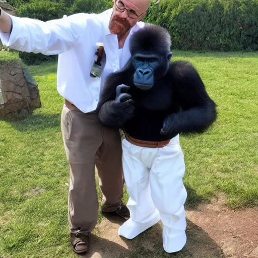 Image similar to walter white taking a selfie with a gorilla