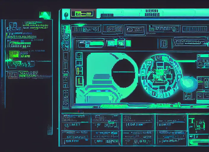 Prompt: simple cyberpunk graphics user interface ( gui ) depicting operational controls of a mech robot in the style of ghost in the shell. design by mark coleran or jayse hansen ( 1 9 9 1 )