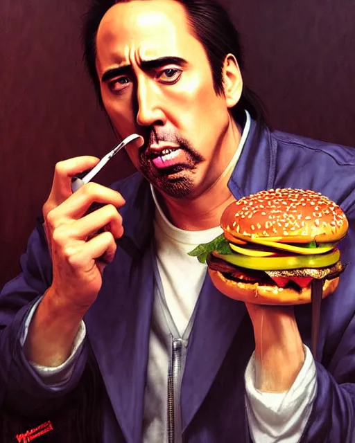 Prompt: portrait Anime Nicholas cage eating burger smoking Sharp fine face, pretty face, realistic shaded Perfect face, fine details. Anime. cyberpunk realistic shaded lighting by katsuhiro otomo ghost-in-the-shell, magali villeneuve, artgerm, rutkowski Jeremy Lipkin and Giuseppe Dangelico Pino and Michael Garmash and Rob Rey