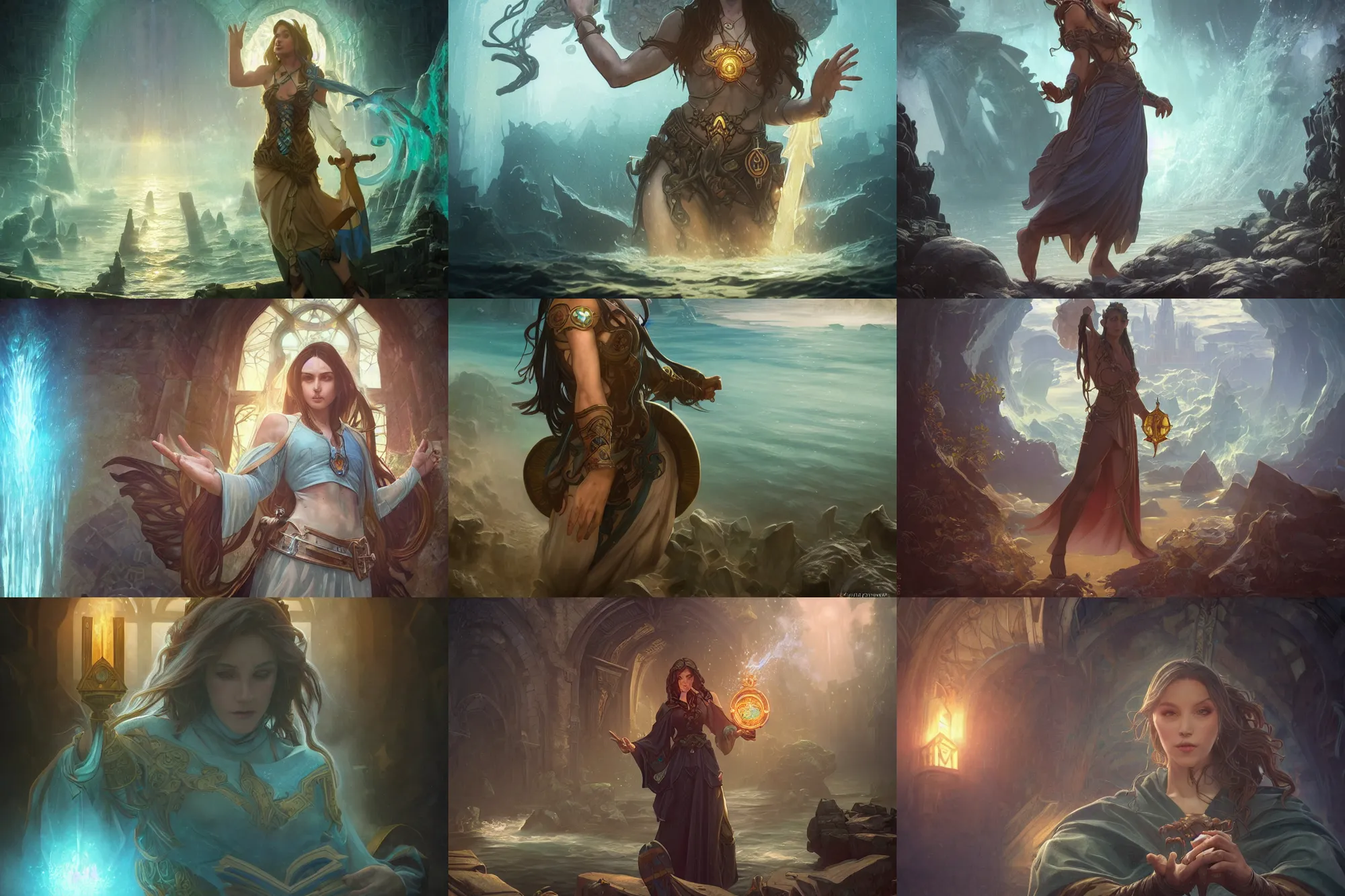 Prompt: a hyperrealistic render of a cleric in atlantis, water, outdoor, art by Artgerm and Greg Rutkowski and Alphonse Mucha, hearthstone art style, epic fantasty card game art, Beautiful dynamic dramatic moody lighting, shadows, cinematic, Octane, 8K