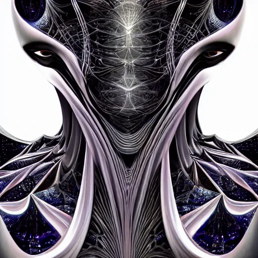 Prompt: queen of the galaxy by alex grey, zaha hadid, iris van herpen and rick owens. highly detailed, hyper - real, very beautiful, intricate fractal details, very complex, opulent, epic, mysterious, polished, futuristic design, trending on deviantart and artstation