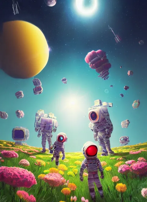 Image similar to An epic fantastic realism comic book style astroneer painting of the most beautiful flowers launched into space, bouquets, solar eclipse, fisheye, unreal 5, DAZ, hyperrealistic, octane render, dynamic lighting