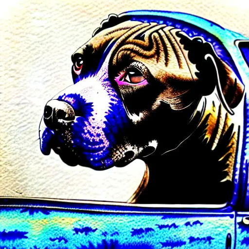 Prompt: an intricate watercolor of a beautiful velvet grey pit bull inside of a blue car, hyper detailed, intricate, sepia background, surrealism, grumpy