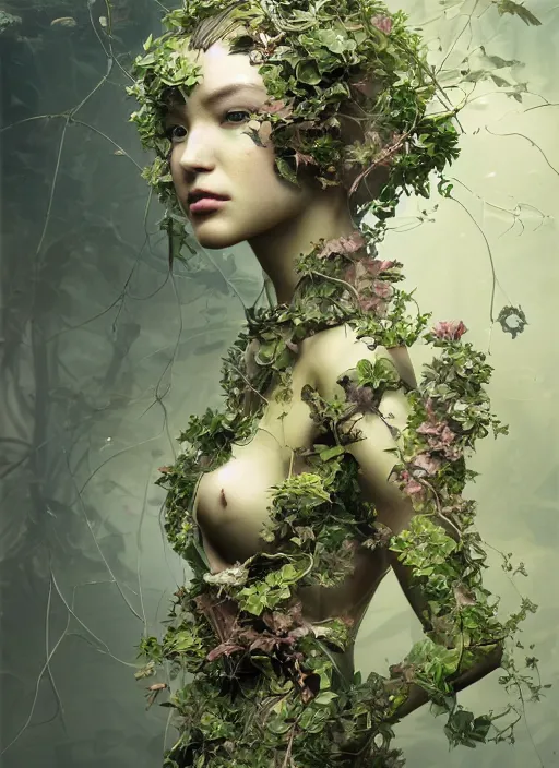 Image similar to portrait of a futuristic geisha cyborg overgrown with ivy, modern fine art, fractal, intricate, elegant, highly detailed, digital photography, subsurface scattering, by jheronimus bosch and greg rutkowski,