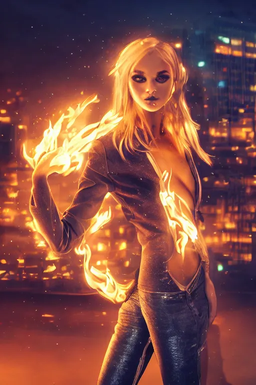 Prompt: wonderful young blonde woman with flames dancing on her hands with a long jacket in a cyberpunk city, realistic, high definition, detailed and realistic face, detailed and realistic hands, expressive eyes, 4 k, shimmering color, epic digital art