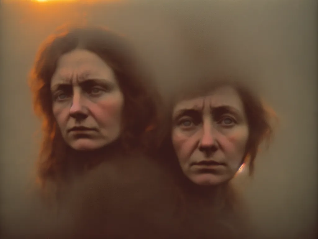 Image similar to close up portrait bust of woman, solemn expression, faded color film, russian cinema, tarkovsky, kodachrome, heavy forest, wood cabin in distance, long brown hair, old clothing, heavy fog, atmospheric haze, brown color palette, sunset, low light, hudson river school, 4 k, dramatic lighting