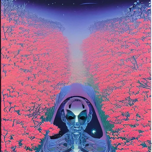 Image similar to a beautiful painting of a large alien shrine shrouded by mystic nebula magic in a field of flowers by hiroshi nagai and wayne barlowe